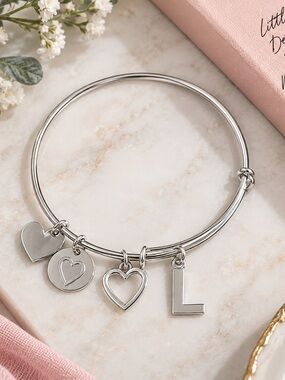 Silver Heart and Initial Charm Bangle Bracelet NEW